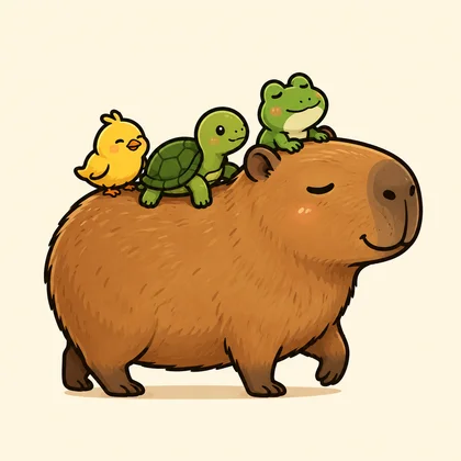 Capybara carrying its passengers